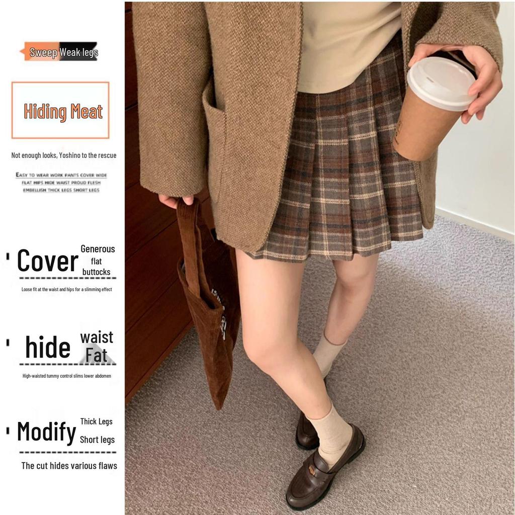 Plus Size High-Waisted Plaid Wool Pleated A-Line Skirt for Women - Thickened, Slimming, Short, Perfect for Spring and Autumn.