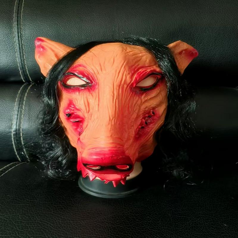 Halloween Chainsaw Massacre Pigsy Horror Mask with Hair - Pig Head Prank Mask