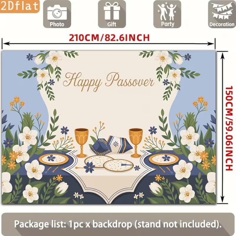 2D Happy Passover Photography Backdrop, Blue Floral Seder Plate & Matzah Background
