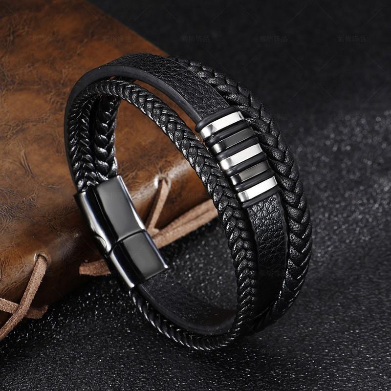 Mens Handwoven Leather Stainless Steel Bracelet Vintage Hip Hop Style Adjustable Length
