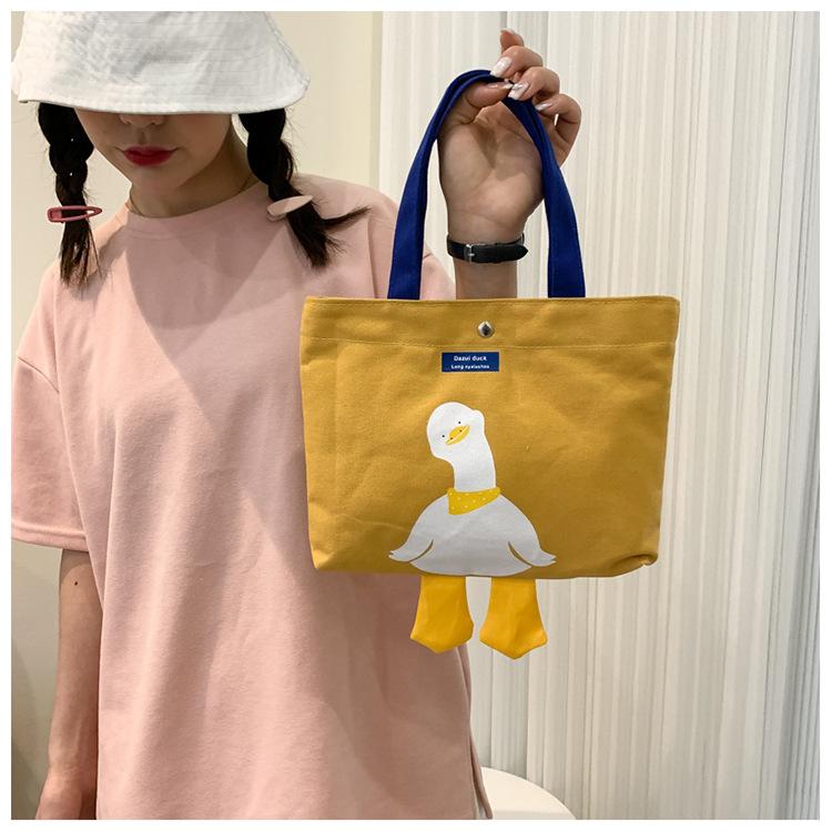 Cute Duck Canvas Tote Bag for Women, Small Handheld Shoulder Purse, Kawaii Cartoon Crossbody Bag for Daily Outings KTB