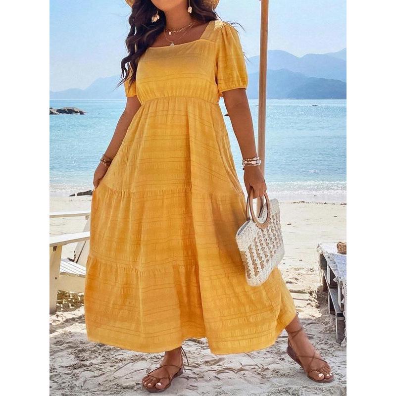 

Puff Sleeve Square Neck Dress M35465 1XL лимонно-желтый