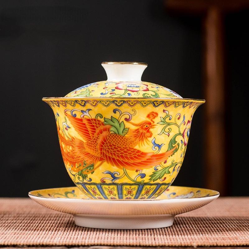 Ceramics Sancai Gaiwan Bowl Dragon and Phoenix Master Cup Tea Cup Handmade Enamel Color Tea Bowl High-end Respect Tea Set