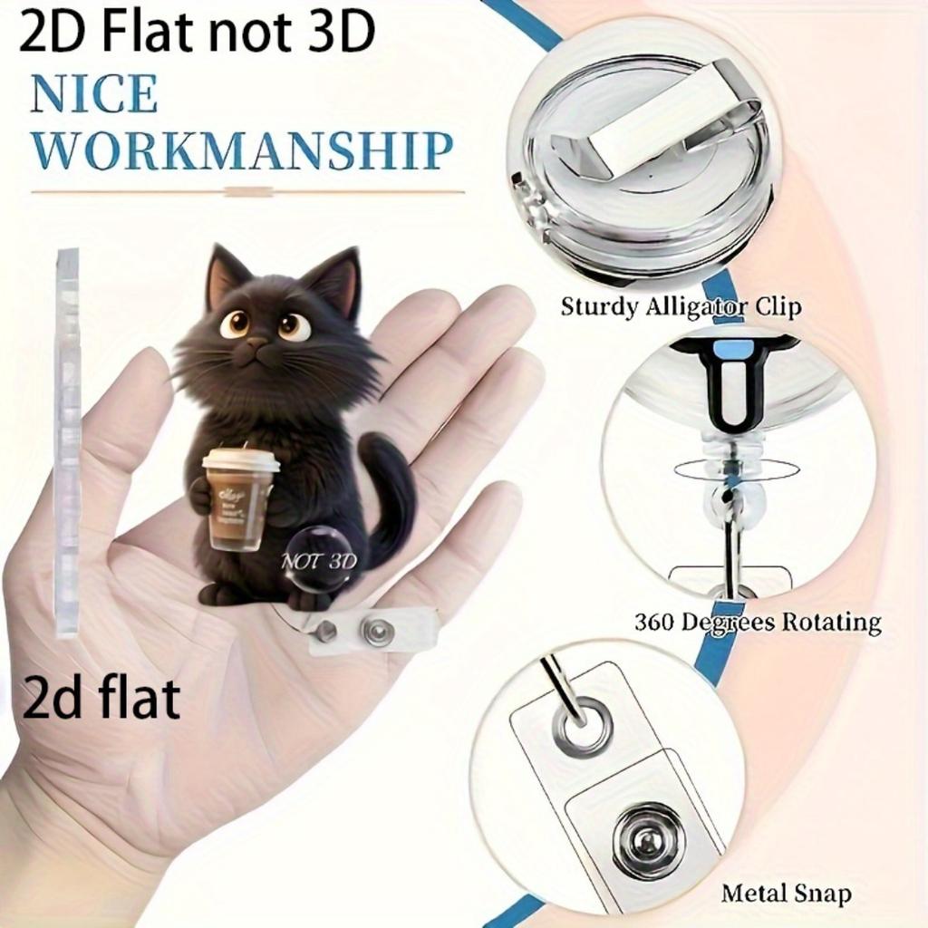 2D Flat Acrylic Black Cat Coffee Cup Retractable Badge Reel, Solid PMMA Clip On ID Holder For Nurse Doctor Medical Student And Office Workplace Staff