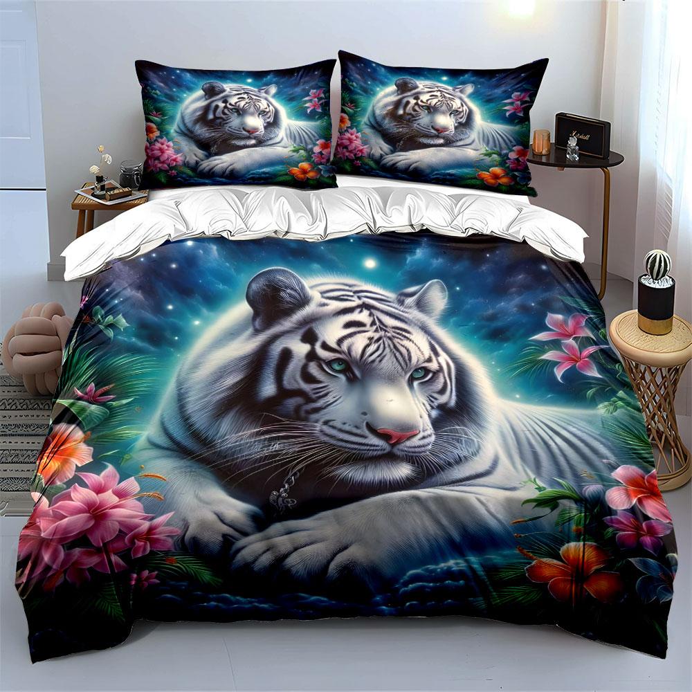White Tiger with Tropical Flowers Bedding Duvet Cover Set  (1*Duvet Cover 2*Pillowcases, Without Duvet Insert)