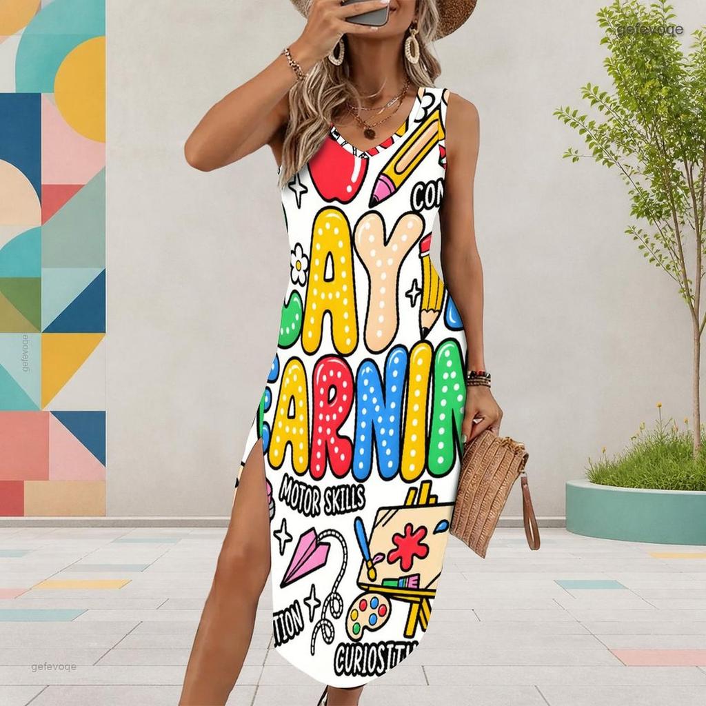 Women Plus Size White Sleeveless U Neck Cartoon Printed Long Dress High Side Slit Curved Hem