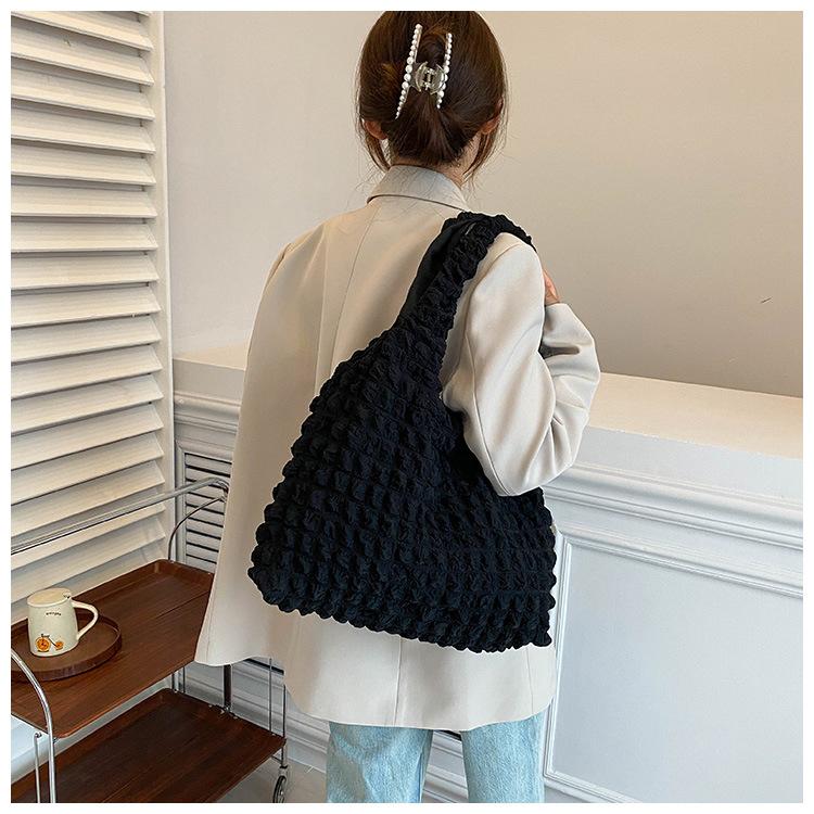 Wrinkle Design Nylon Bucket Bag Open Top Shoulder Crossbody Purse for Women