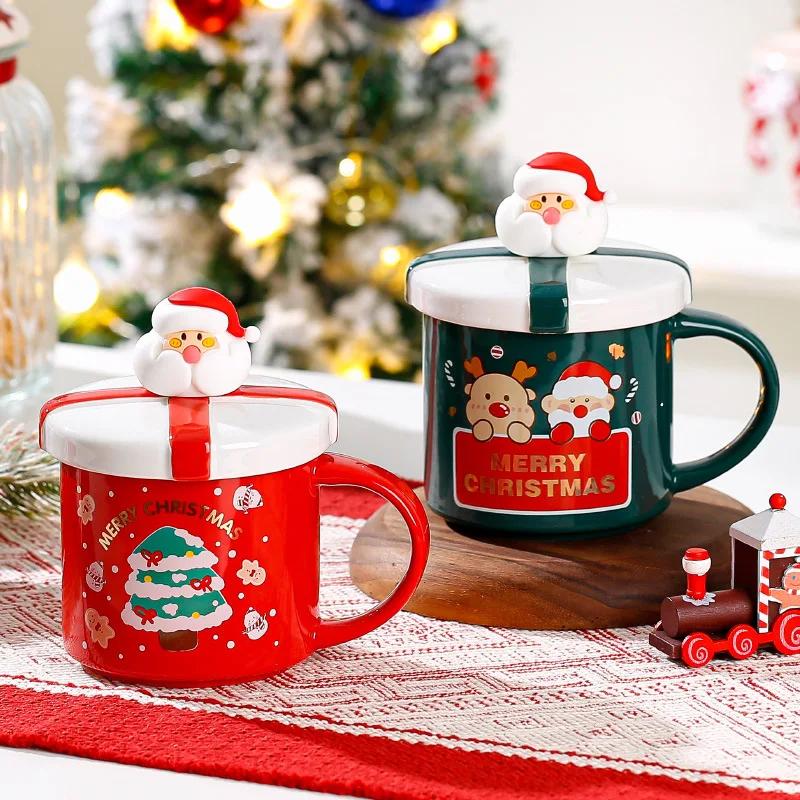 400ml Creative Cartoon Snowman Christmas Ceramic Cup with Lid Couple Tea Cups Household Breakfast Dessert Oatmeal Mugs Drinkware