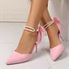 New Temperament Bow Wrapped Stiletto Sandals Women's Pearl Strappy Pointed Toe Shallow Suede Non-slip High Heels