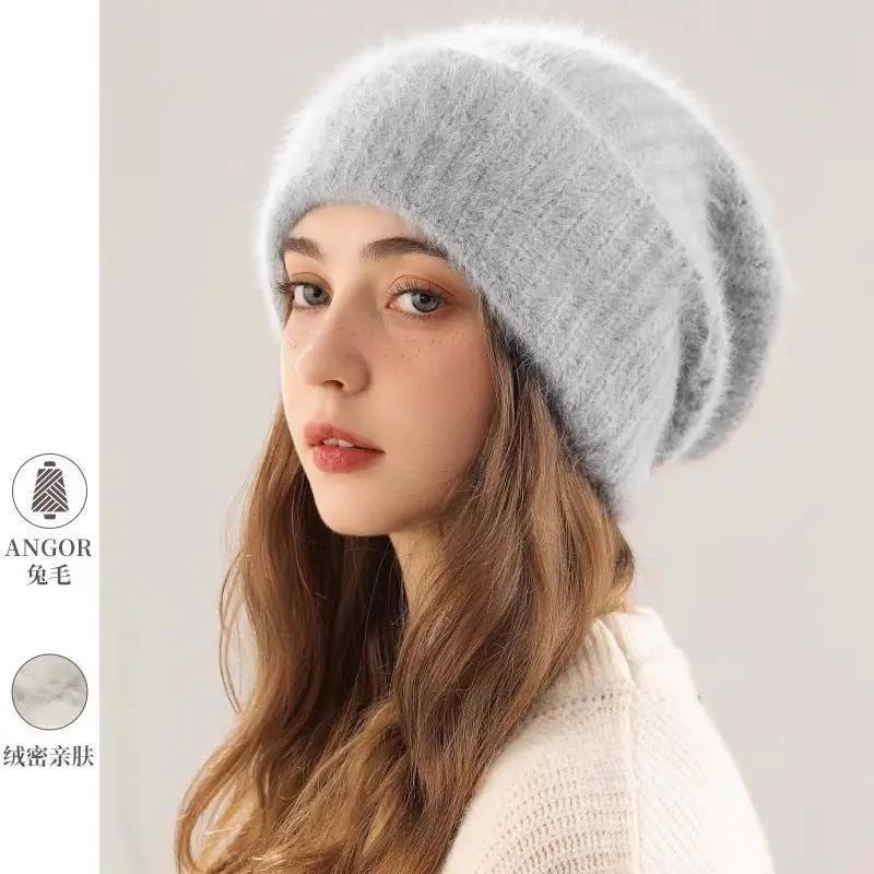 Fluffy Angora Hat Rabbit Fur Warm Winter Hat For Womans Cashmere Wool Soft Beanies Knitted Hat Outdoor Ski Female