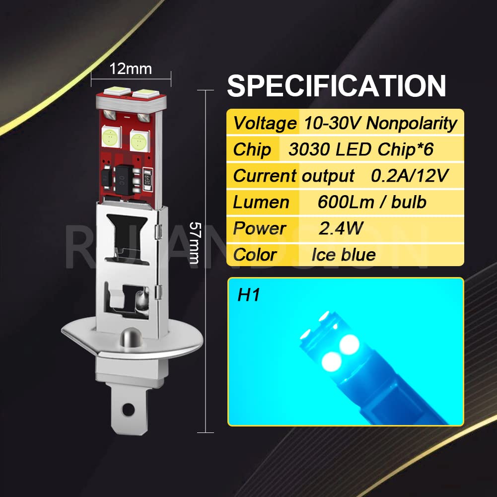 Ruiandsion H1 LED Nebelscheinwerferlampe Eisblau 10-30V 3030 für 6SMD Autonebelscheinwerfer(2 Stück)