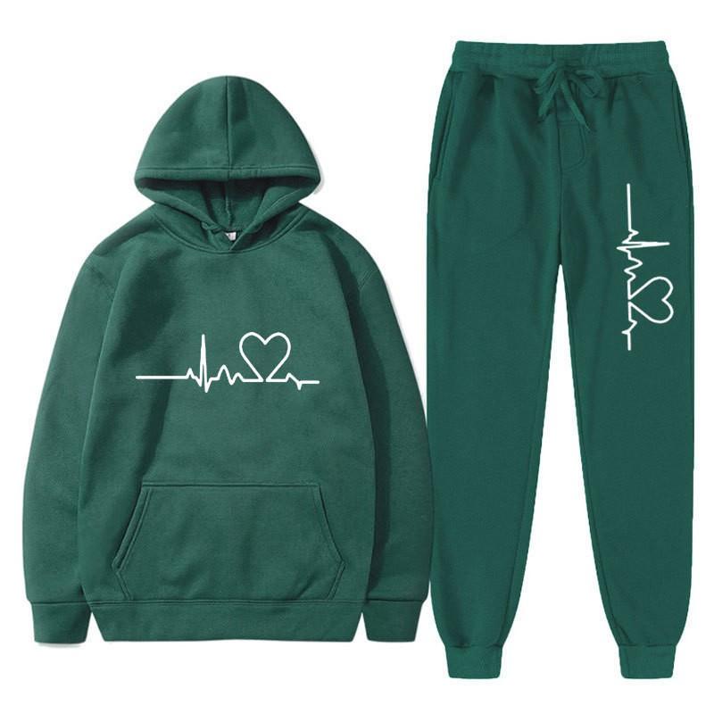 Unisex Oversized Hooded Sweatshirt Set With Heart Print Fleece Lined Casual Sportswear Fall