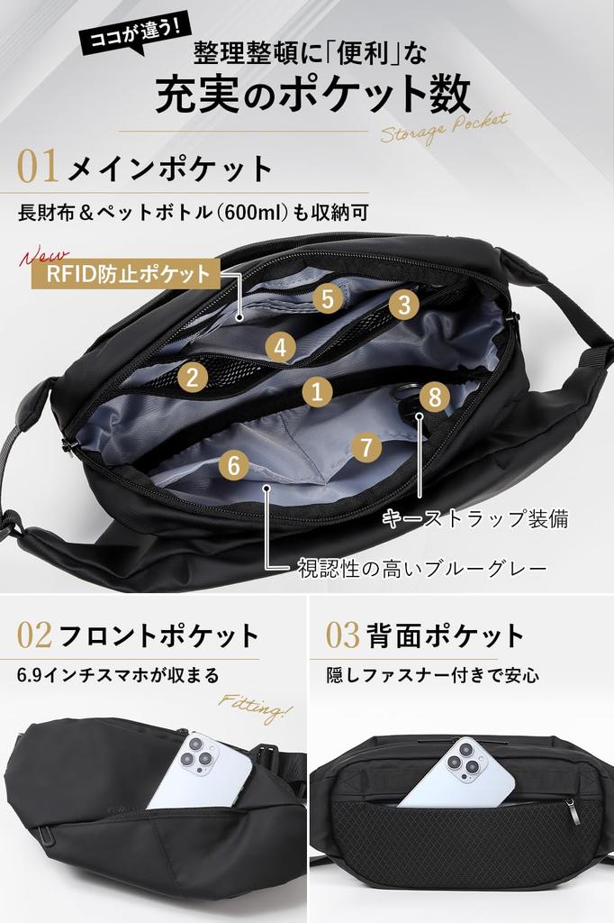 VIVALD Sling Bag PRO Large YKK Shoulder Waist Pouch Men's (Onyx Black) - Compact, Capacity, Anti-Skimming, Multifunctional, 3-Way, Lightweight,