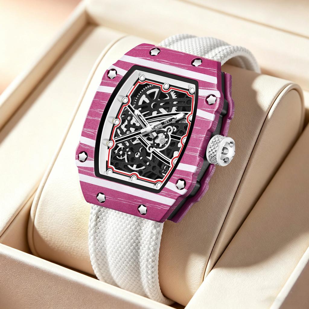 Orologio Tonneau di Alta Moda Montre Homme Et Femme Orologio da Polso 47mm Ampio Quadrante Scheletrato Cinturino in Nylon Rosa Pelle Orologio al Quarzo
