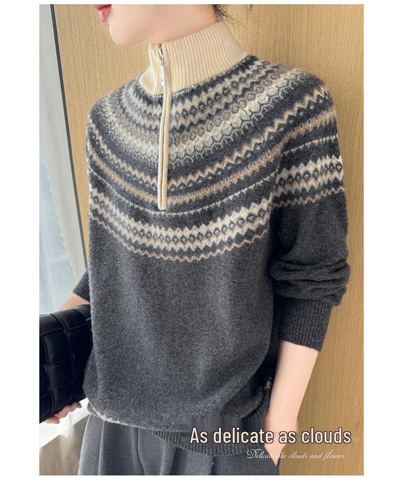 Women's Retro Fair Isle Stand Collar Wool Sweater - Loose Fit, 100% Wool, Plus Size Knitwear Outerwear