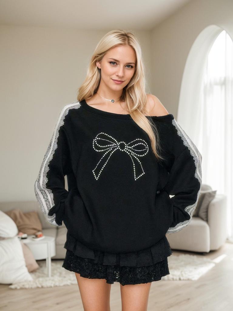 Autumn 2024 Sweet Lace Butterfly Print Round Neck Hoodie