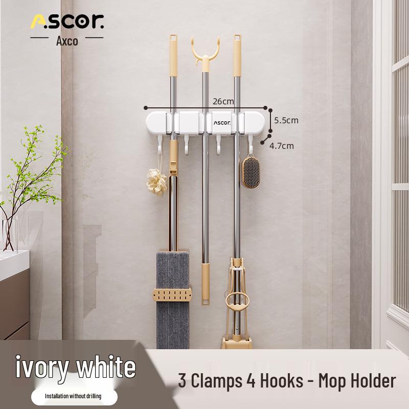 Wieszak ścienny na miotłę i mop: Rozwiązanie do zawieszania bez wiercenia na drzwiach łazienkowych lub toaletowych.