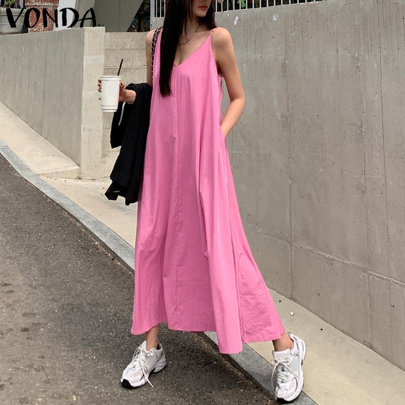 VONDA Women Casual Strap Sleeveless Ruffled Baggy Casual Swing Long Dress