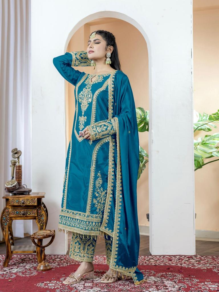 Women Designer Party Wear Salwar Kameez Indian Bollywood Heavy Chinon Silk Salwar Suit Dress