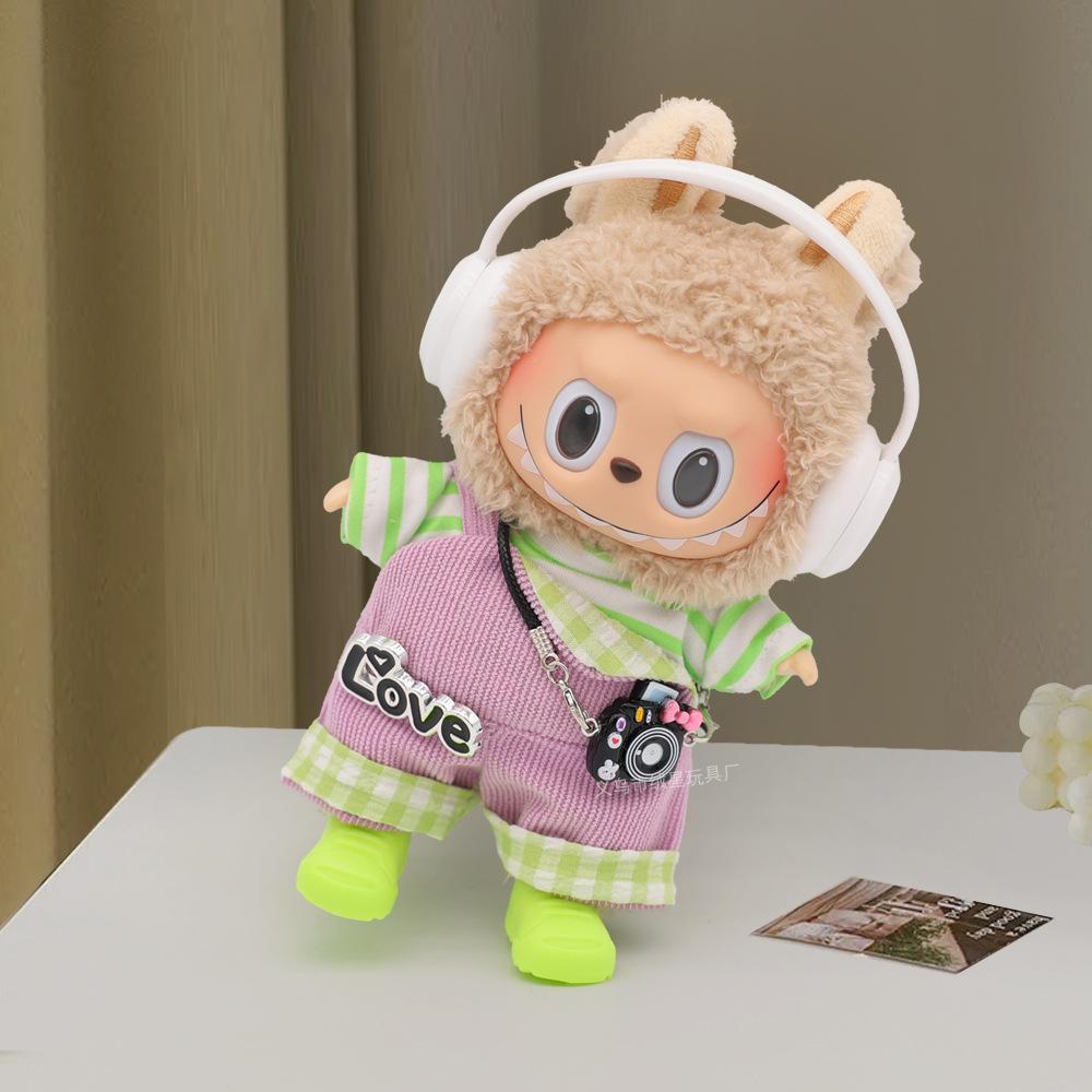 

Для 15/17см Labubu Модный полосатый комбинезон с коротким рукавом Набор гарнитуры, камеры и обуви Labubu V1 V2 Милая кукольная одежда и аксессуары No doll