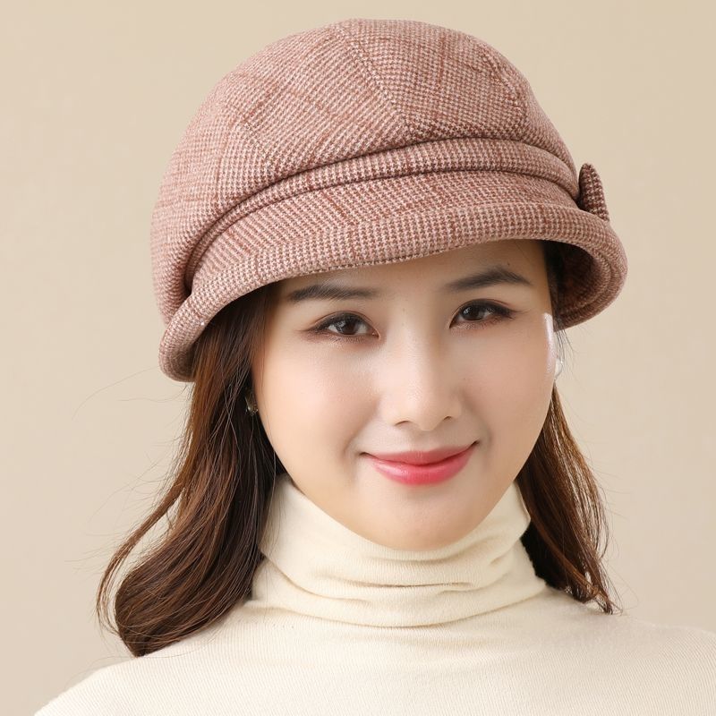 Autumn Winter Middle-aged Elderly Women's Hats with Fashionable Fine Grid Pattern Woolen Warm Big Head Basin Hat Cold Proof Fisherman Hat