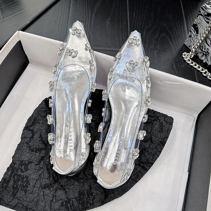 Fashion women's shoes summer PVC transparent women's high heels rhinestone flat pointed toe comfortable bride wedding shoes