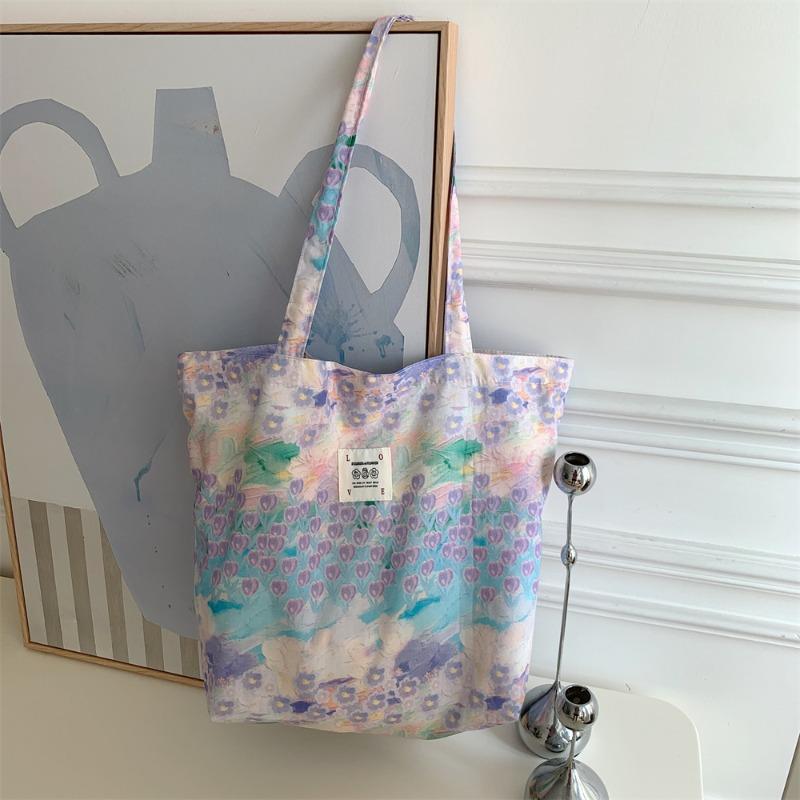 1 New Shoulder Floral Cotton Bag Pink Flower Sea Large Capacity Canvas Tote Handbag