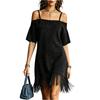 Women's Fashion Suede Off Shoulder Strap Loose Short Sleeve Dress with Fringe Hem Casual Summer Dress