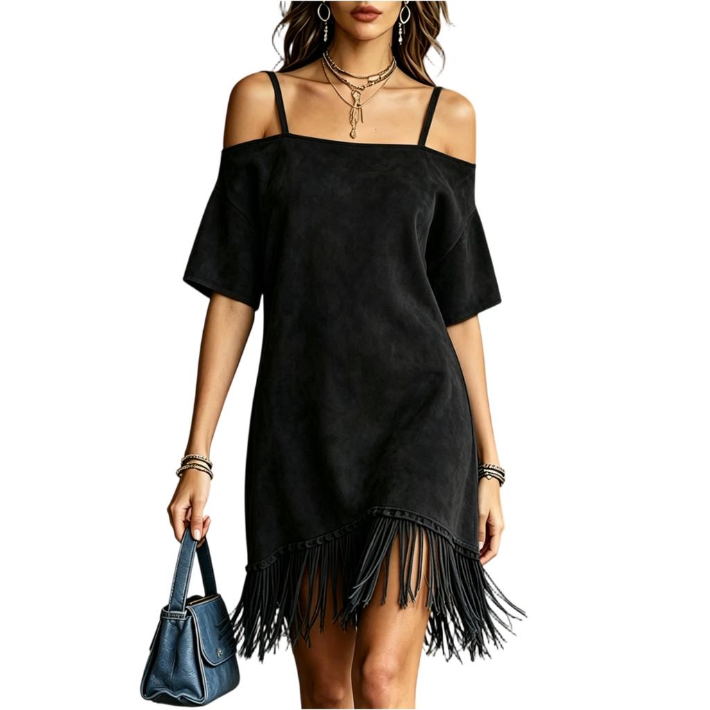 Women's Fashion Suede Off Shoulder Strap Loose Short Sleeve Dress with Fringe Hem Casual Summer Dress
