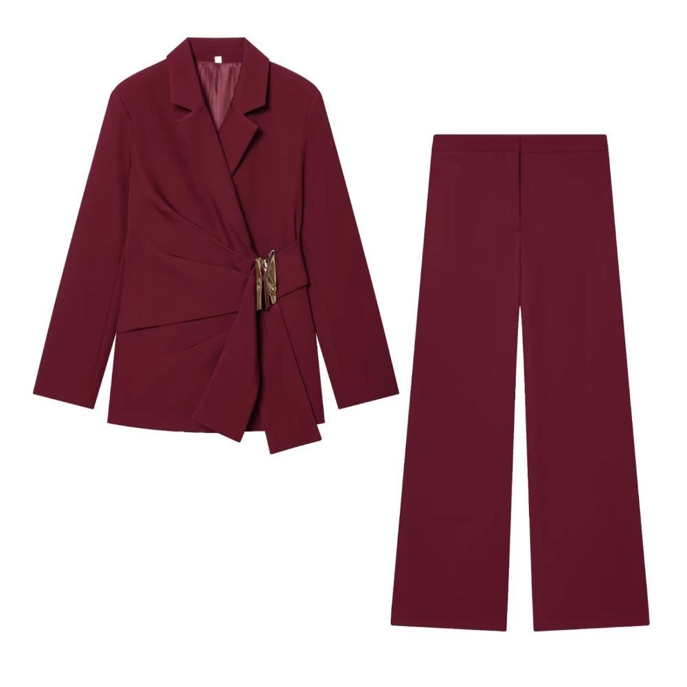 Women Lapel Belted Blazer Wide Leg