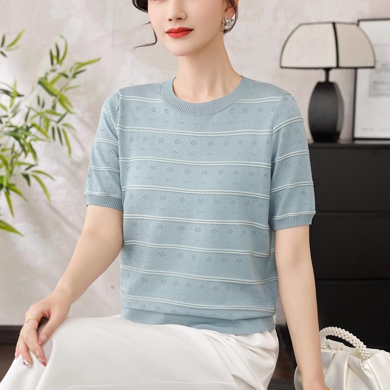 Yuzhaolin Women s Summer Elegant Striped Hollow Knit Top 115