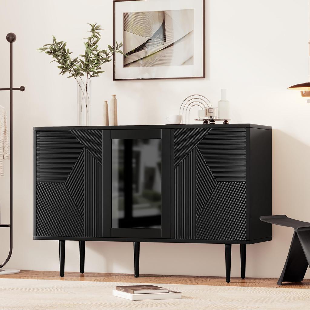 Sideboard mit 3 Türen, Kommode mit Glastür und Metalfüßen Buffetschrank für Esszimmer Wohnzimmer oder Flur, 120x38 x79.5 cm, Schwarz