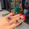 Live Broadcast Advanced Sense Full Diamond Three-dimensional Simulation Emerald, Red Corundum, Three-petal Flower Stud Earrings Ring