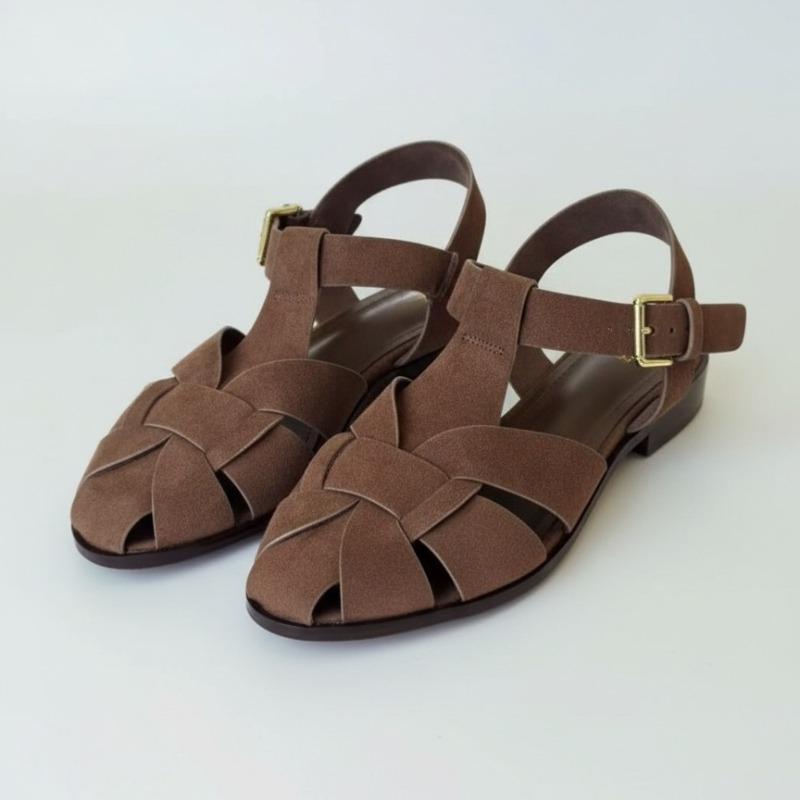 

Brown Suede Leather Gladiator Sandals for Women Retro Woven Closed Toe Flat Sandals Comfort Buckle Strap Summer Shoes 42 коричневий