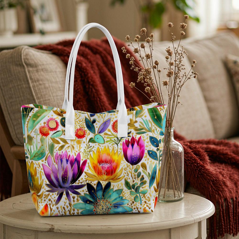 Watercolor Floral Casual Women Shoulder Tote Bag Fashion Portable Daily Lightweight Shopping Handbag