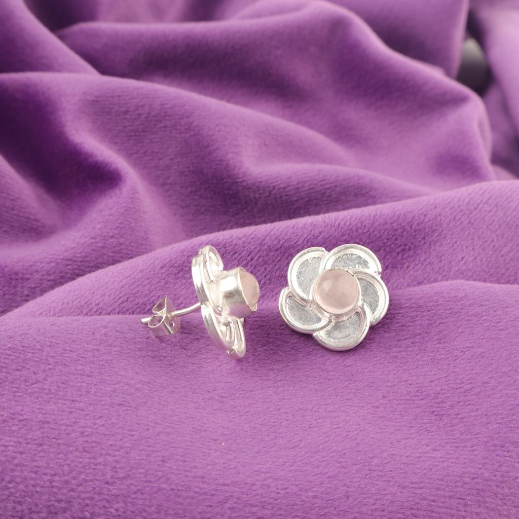 Round Natural Rose Quartz Sterling Silver Wife Gift Stud Unique Earrings Jewelry EE-157-33
