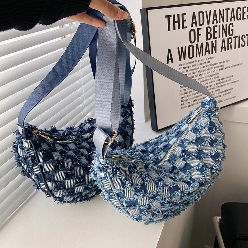 Monochromatische Damen-Denim-Brusttasche mit Reißverschluss-Innentasche, Freizeittasche, weiches Fach, hohe Qualität