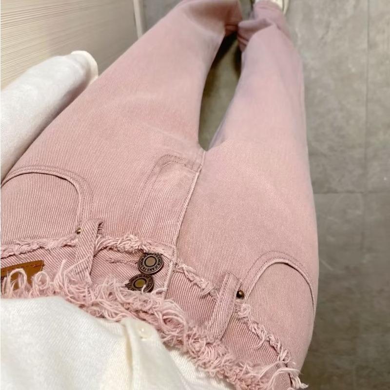 Spring Pink Rough Edge Straight Wide Leg Jeans Women's Spring and Autumn High Waist Skinny Summer Floor Mopping Pants