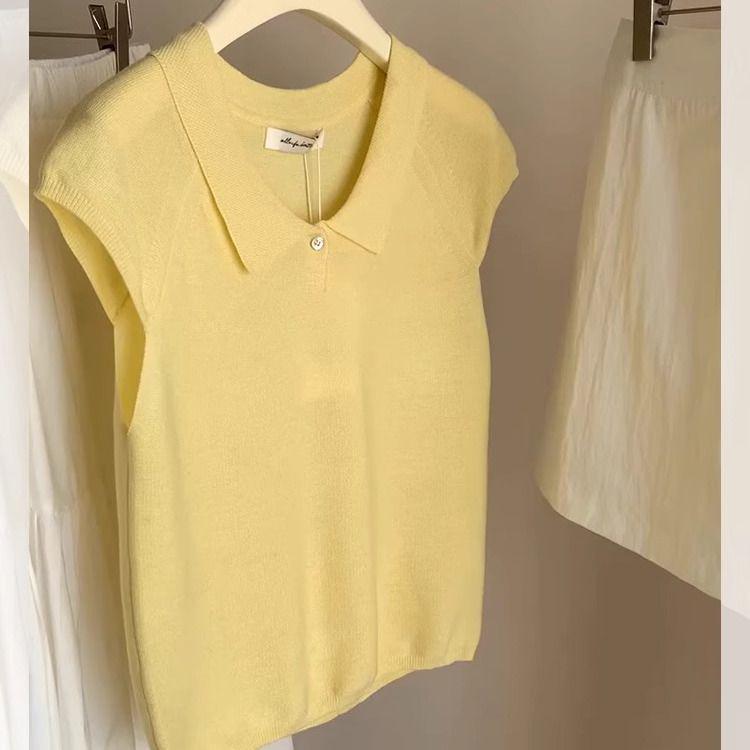 Women's 2025 Summer French Puff Sleeve Ice Silk Knitted Top with Turn-Down Collar