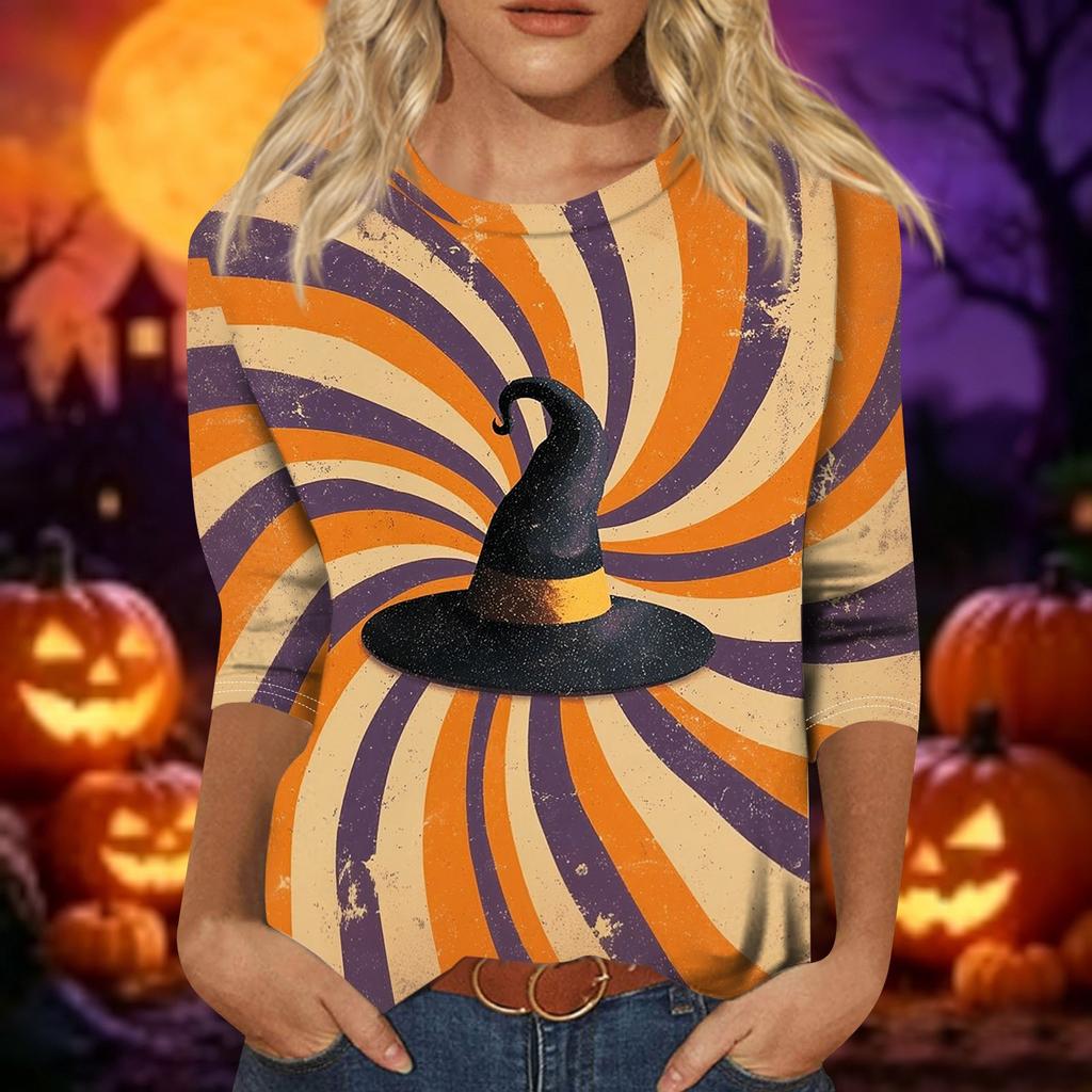 Women’s Casual Three Quarter Sleeve Crew Neck Top Tie Dye Halloween Themed Print Relaxed Fit Soft Fabric for Daily Wear