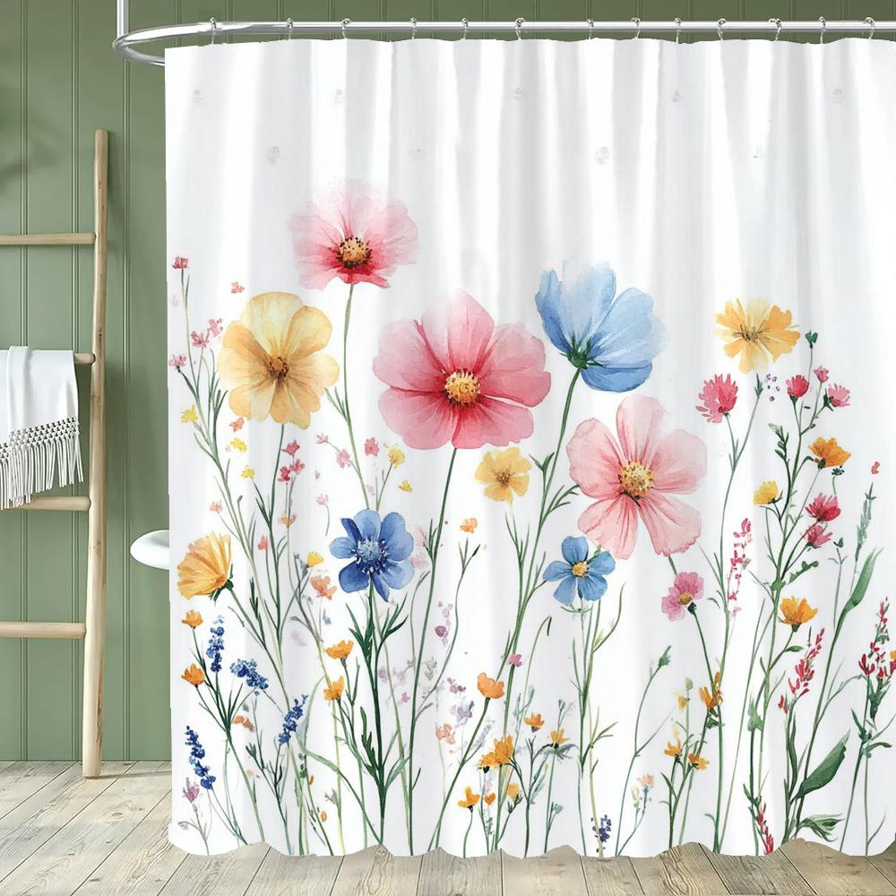 Floral Shower Curtain, Bathroom Watercolor Floral Shower Curtain, Modern Flowers Decorative Fabric Home Curtain With Hooks
