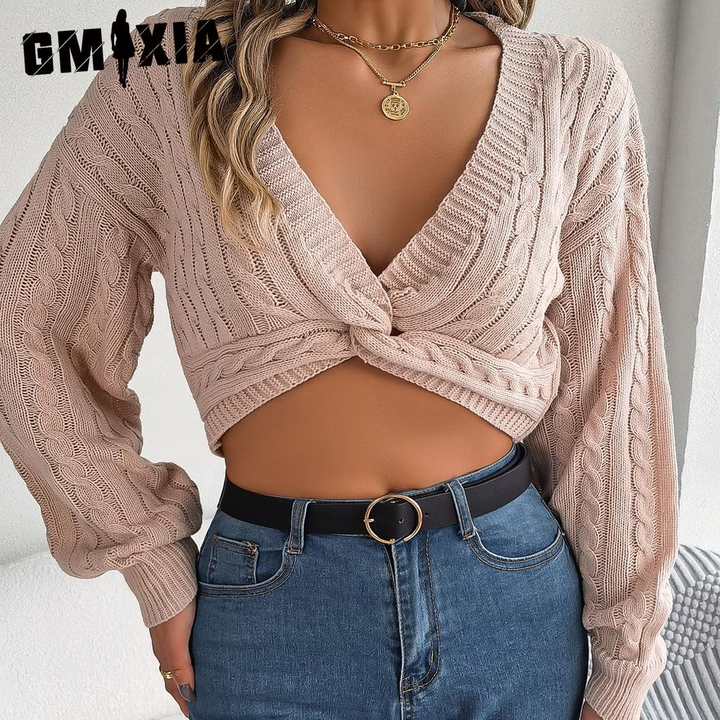 GMXIA Women's Fashion Casual Solid Color Autumn Winter Long Sleeve V-Neck Loose Sexy Knotted Lantern Sleeve Crop Sweater