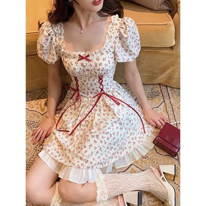 VEZFAA Abiti casual a vita alta con stampa floreale a maniche corte, colletto quadrato, moda estate primavera