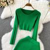 Retro Fashion Suit Spice Spice Style Round Neck Short Top + High Waist Slit Knit Skirt Two Piece Set