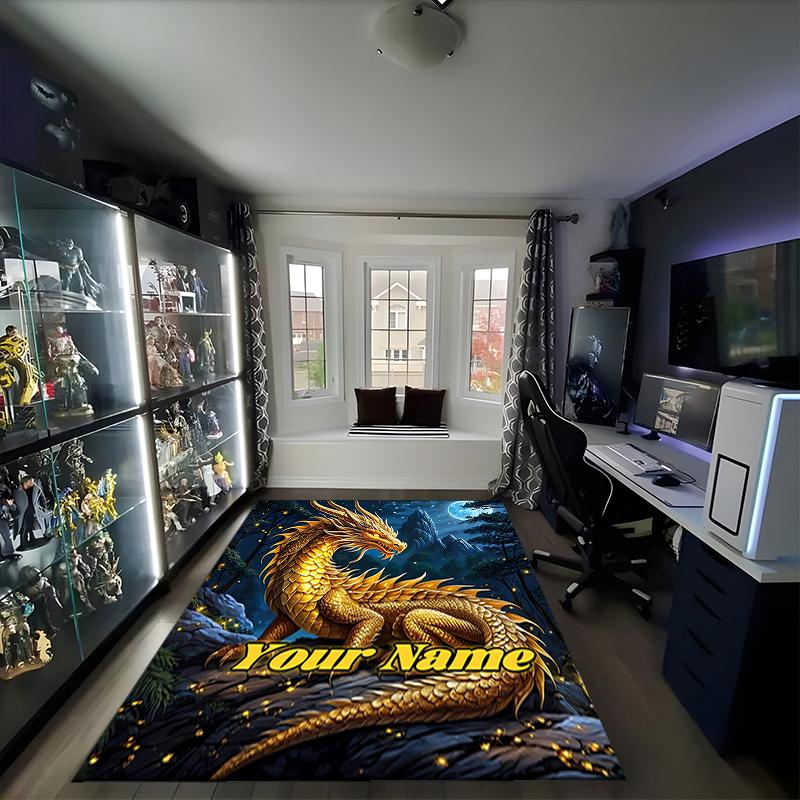 1PC Custom Name Golden Dragon Night Theme Floor Mat Ideal for Living Room, Game Rooms, Office, Bedroom,Floor Mat Playful Design