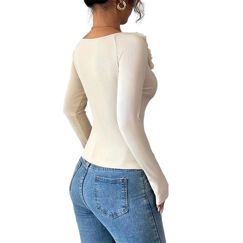 French 3D Floral One-Shoulder Knit Top with Exposed Collarbone – Slim Fit
