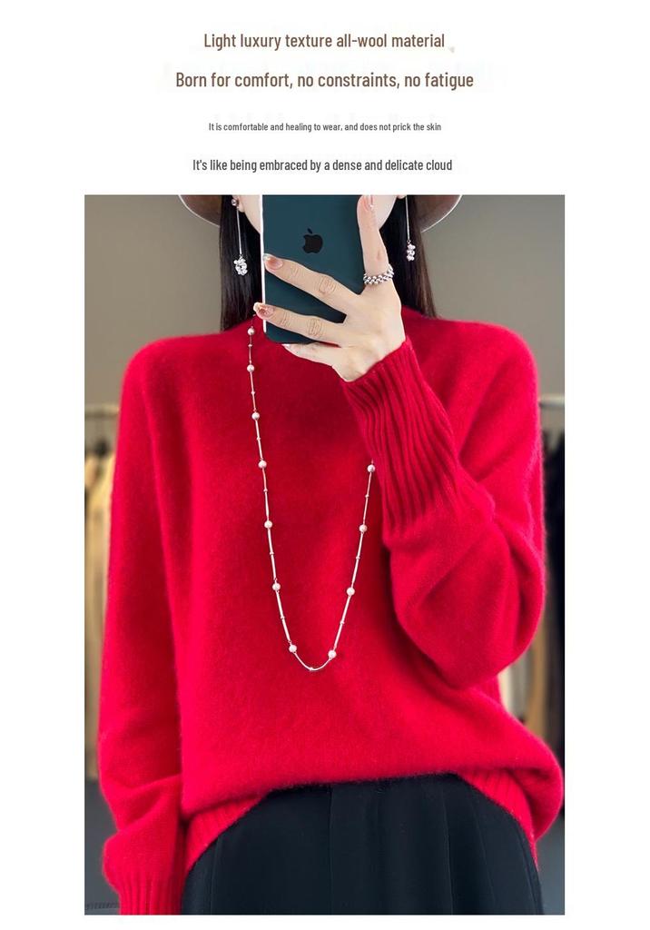 Women's 100% Wool Pullover Sweater, Half-High Neck, Thick Base Layer, New Autumn/Winter Style