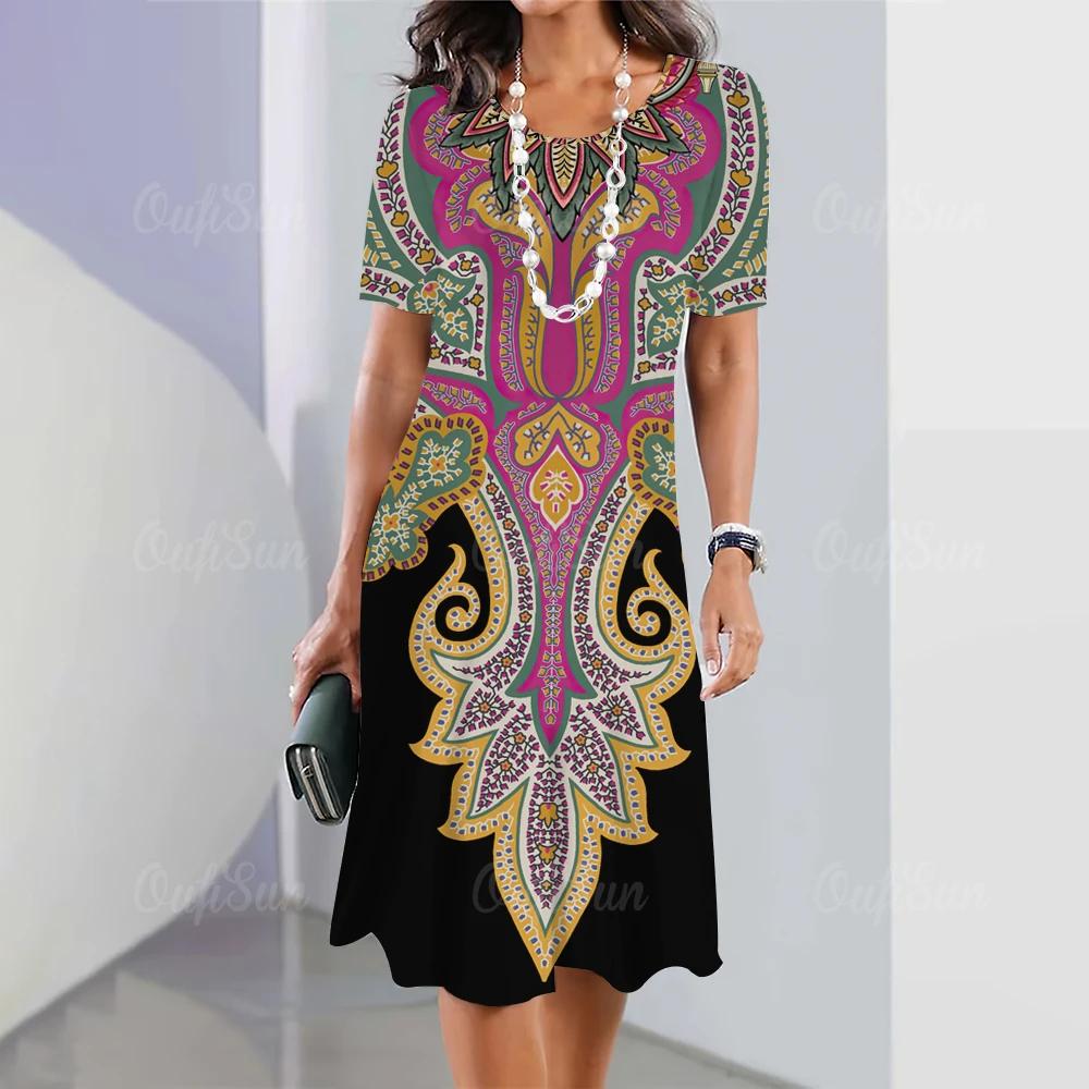 Women's Retro 3D Short-sleeved Pullover Summer Round Neck Dress Simple and Elegant Loose Skirt