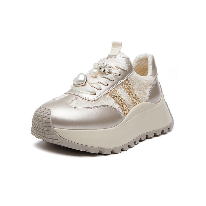 Platform Forrest Gump Shoes Women's 2025 New Leather Lace Through the Net Casual Shoes Versatile Height Increasing Sequins Sneakers