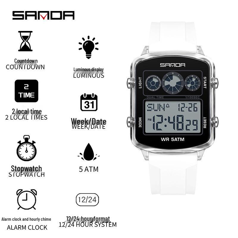 Sanda Dual Time Waterproof Transparent Sports Wristwatch with Colorful Single Display and Student Timer Function